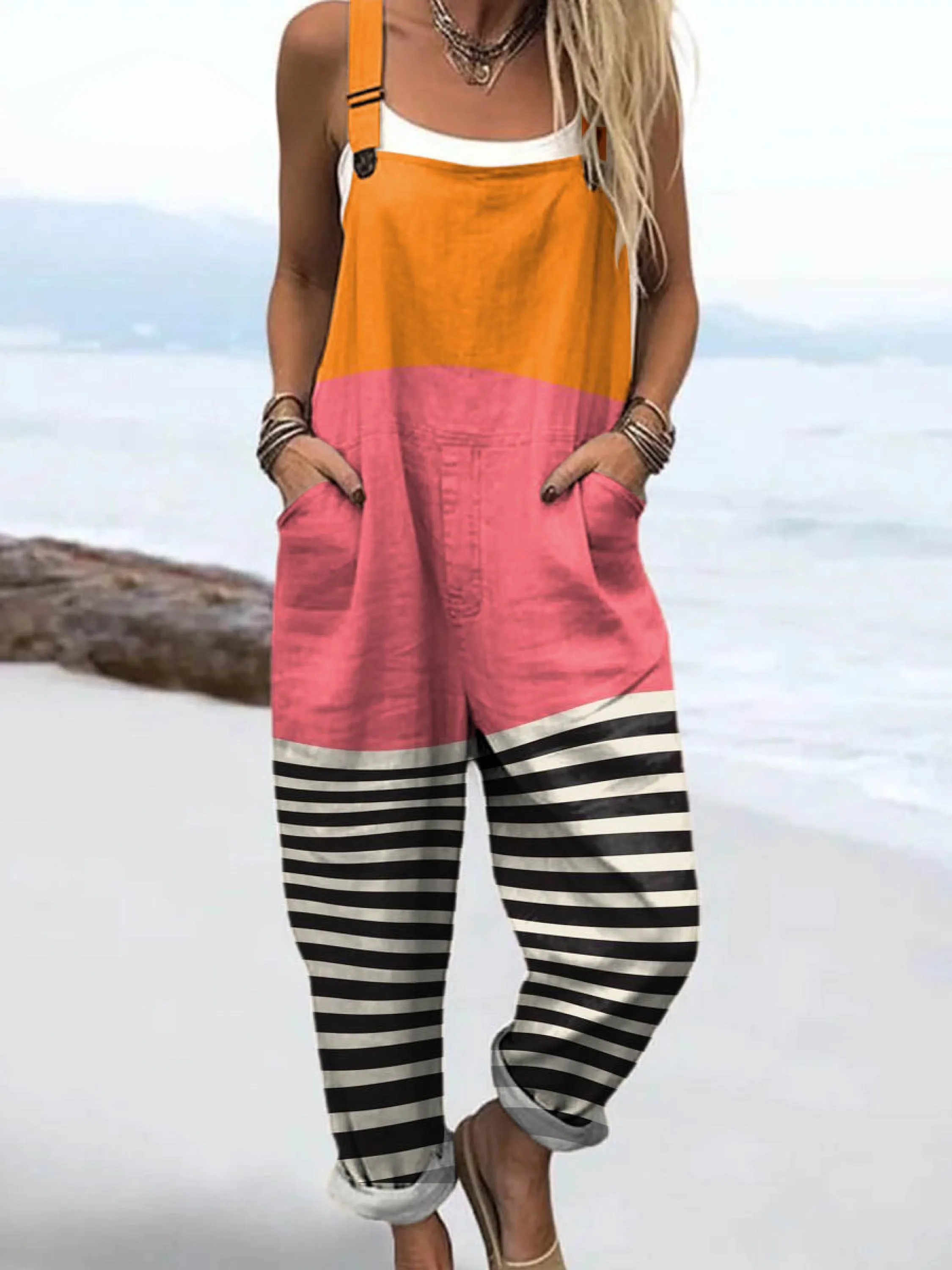 Women's Abstract Pattern Art Print Casual 100% Cotton Wide Leg Jumpsuit