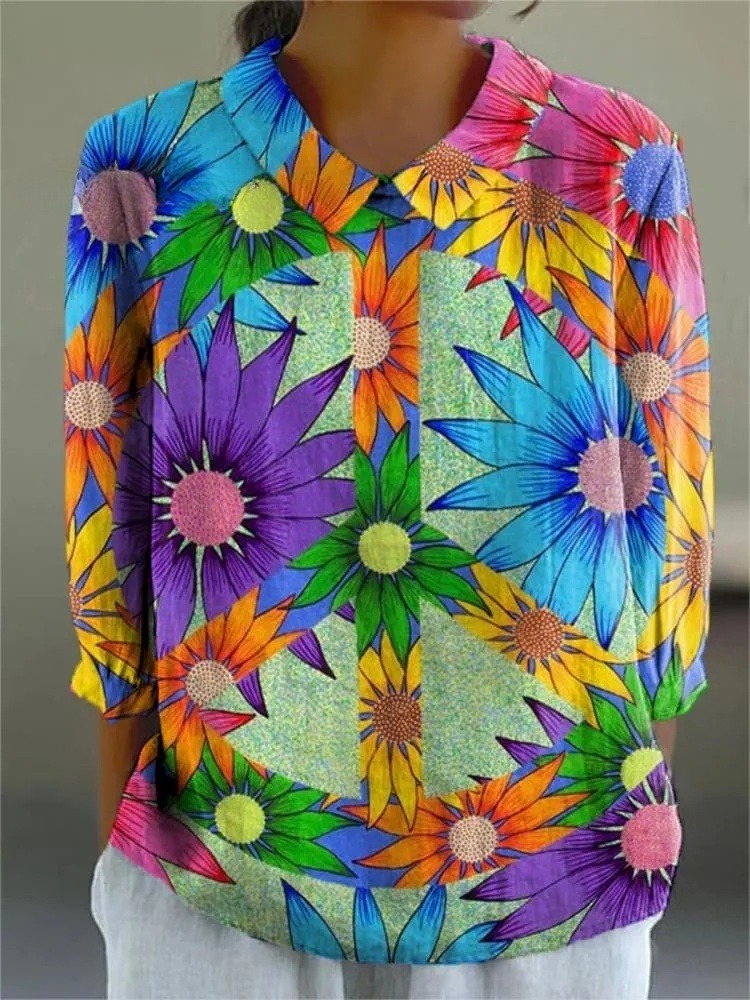 Women's Peace And Love Floral Art Print Casual 3/4 Sleeve Shirt