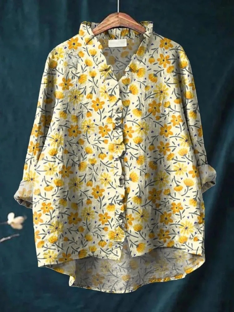 Women's Lovely Floral Art Print Casual Ruffle Shirt