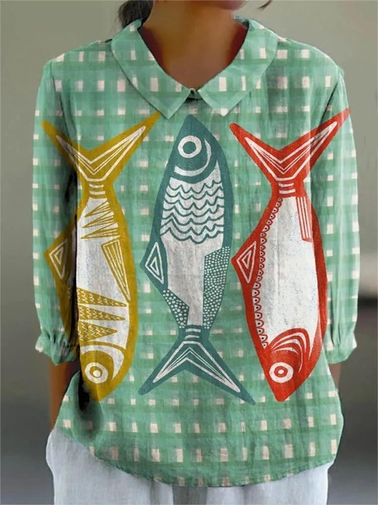 Women's Lovely Fish Pattern Art Print Casual 3/4 Sleeve Shirt