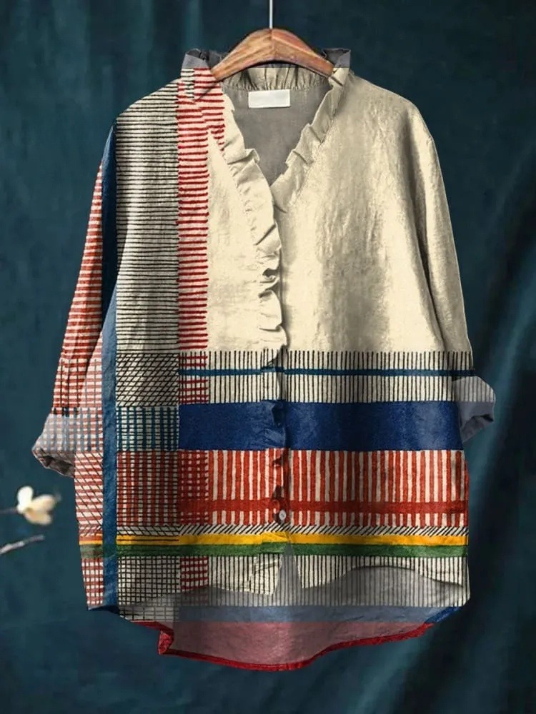 Women's Abstract Geometric Pattern Art Print Casual Cotton And Linen Ruffle Shirt
