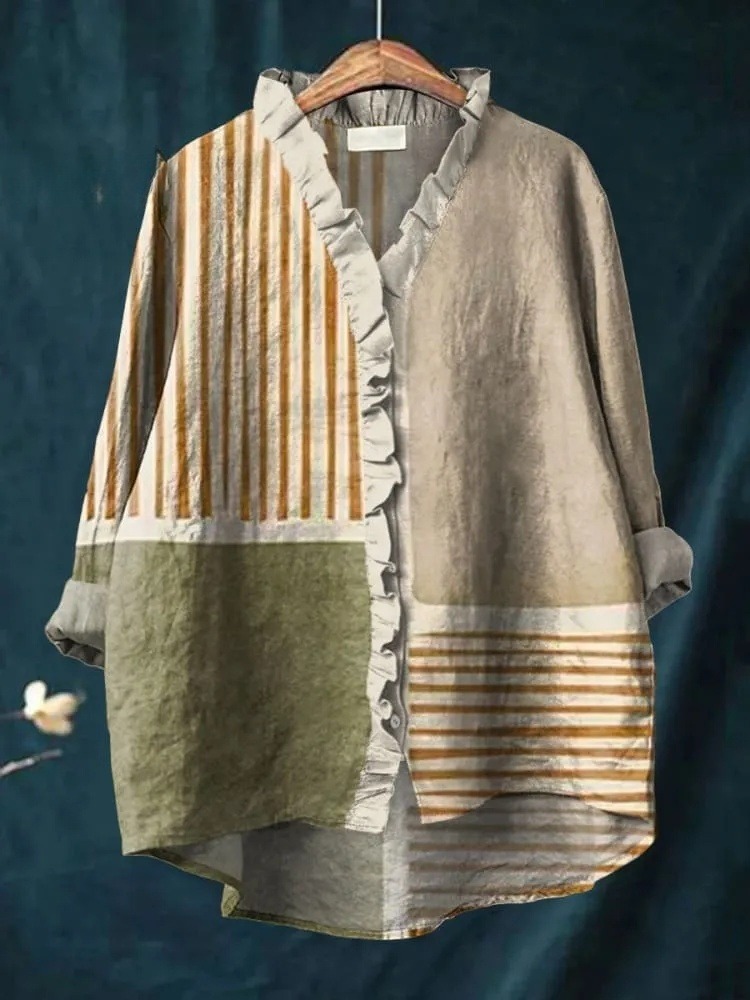 Women's Abstract Geometric Pattern Art Print Casual Ruffle Shirt