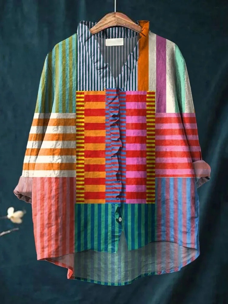 Women's Abstract Geometric Pattern Art Print Casual Ruffle Shirt