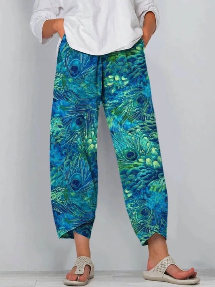 Women's Peacock Feather Pattern Art Print Casual V-neck Shirt