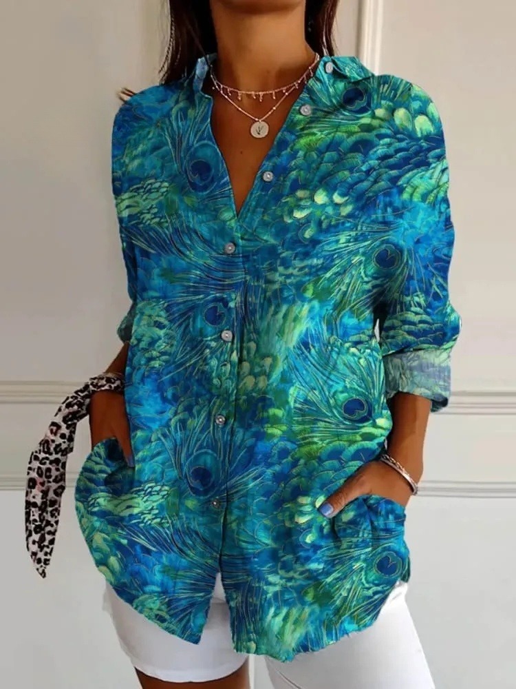 Women's Peacock Feather Pattern Art Print Casual V-neck Shirt