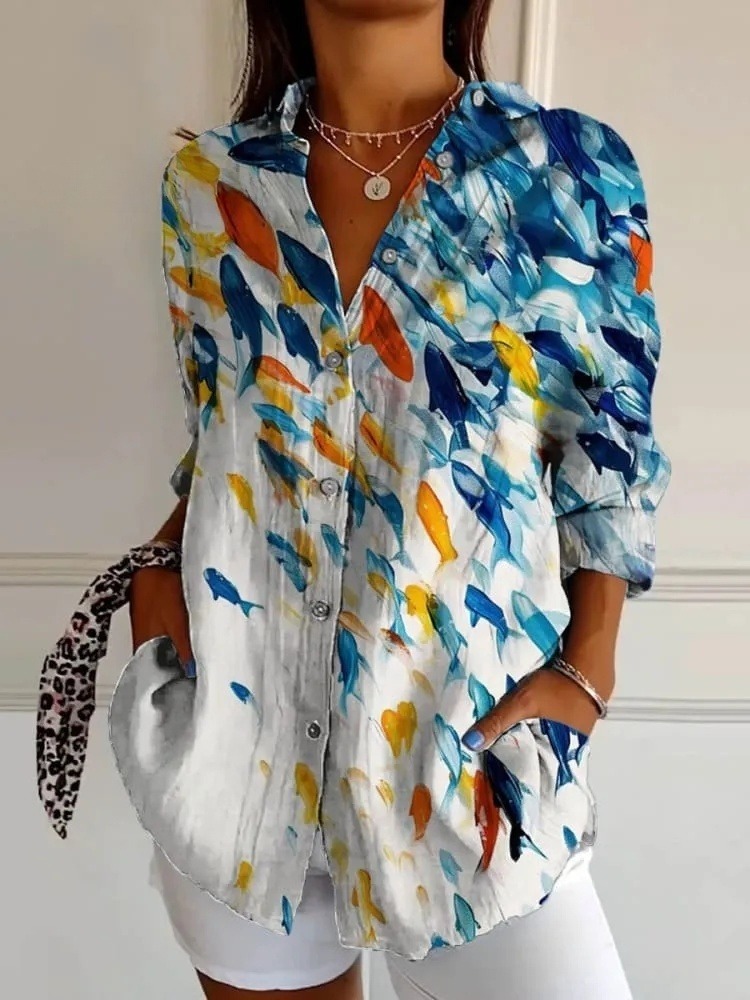Women's Lovely Fish Pattern Art Print Casual Cotton Shirt