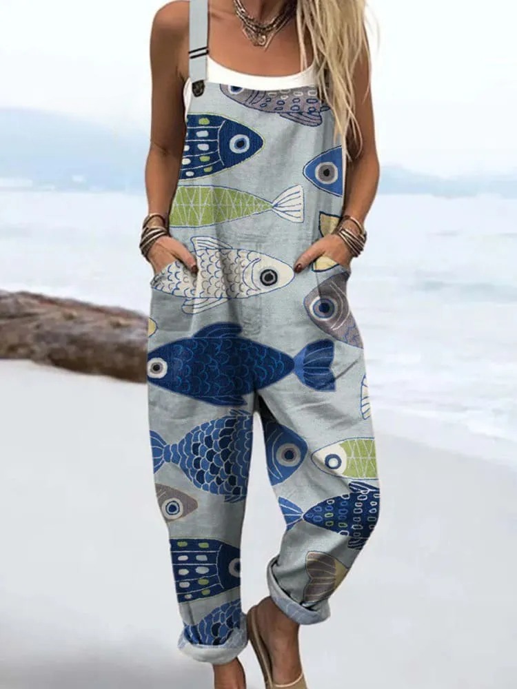 Women's Lovely Fish Pattern Art Print Casual Cotton Wide Leg Jumpsuit