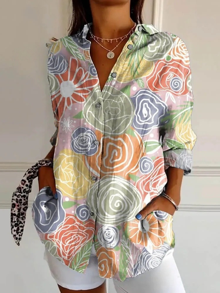 Women's Vintage Floral Art Print Casual Cotton Shirt