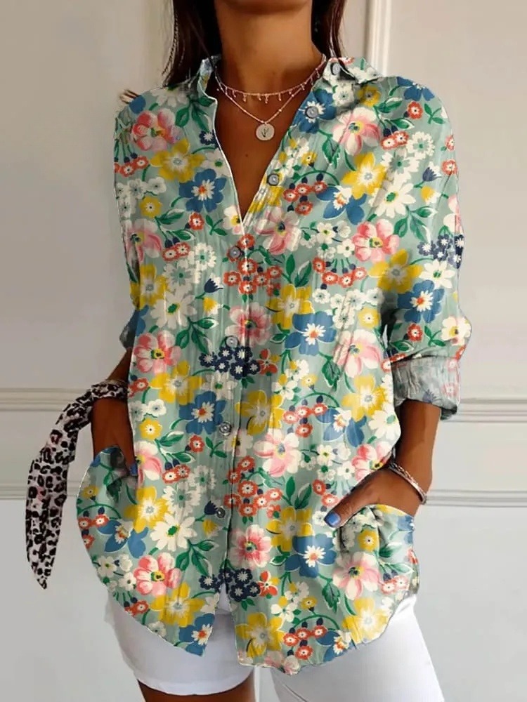 Women's Vintage Floral Art Print Casual Cotton Shirt