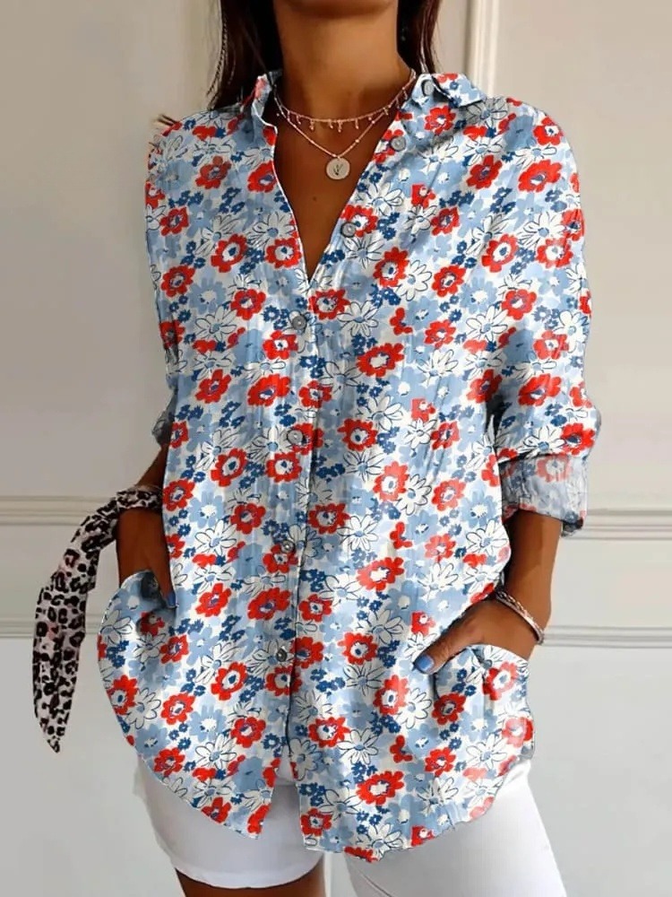 Women's Vintage Floral Art Print Casual Cotton Shirt