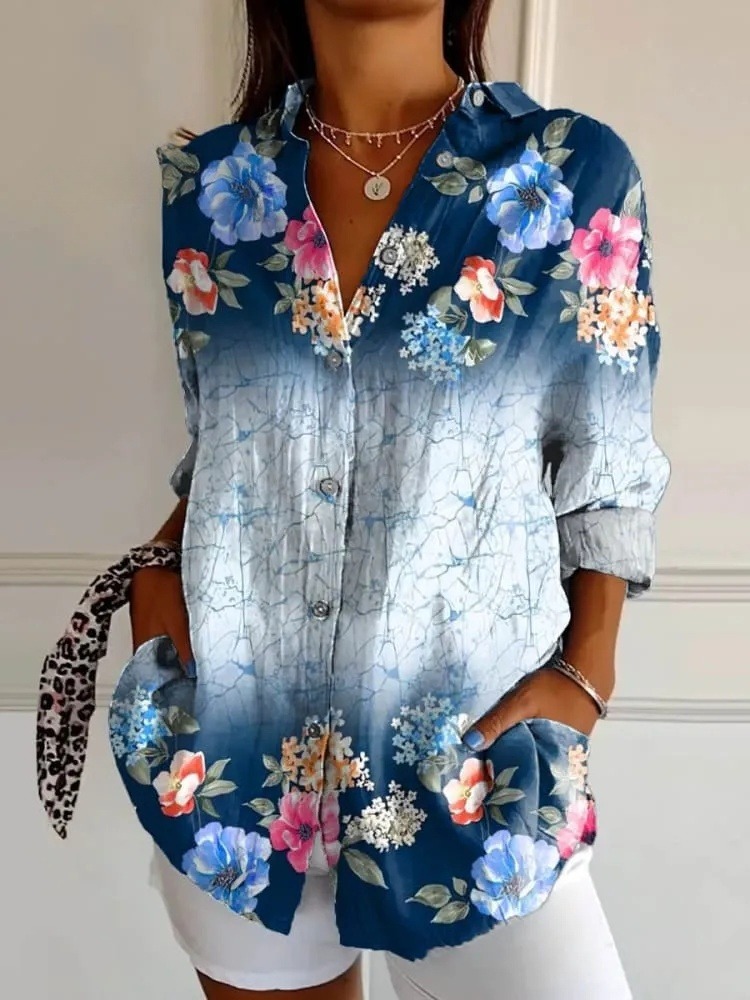 Women's Vintage Floral Art Print Casual Cotton Shirt