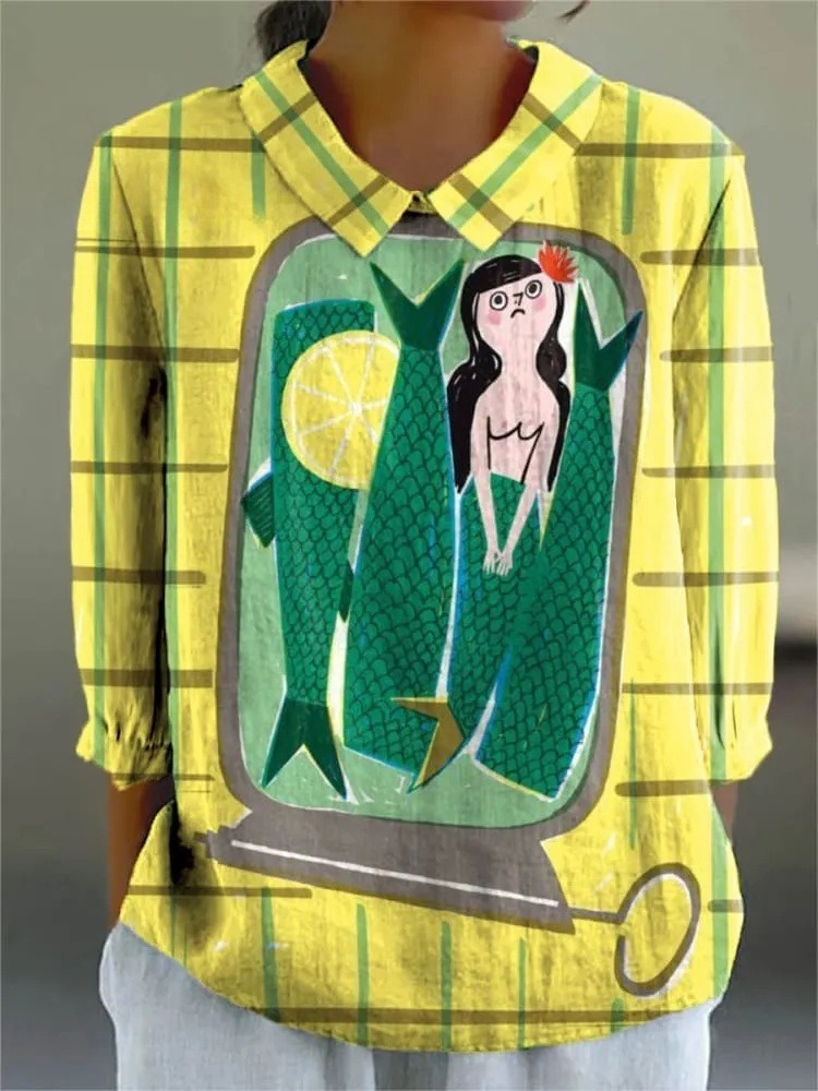 Women's Lovely Mermaid Fish Pattern Art Print Casual 3/4 Sleeve Shirt