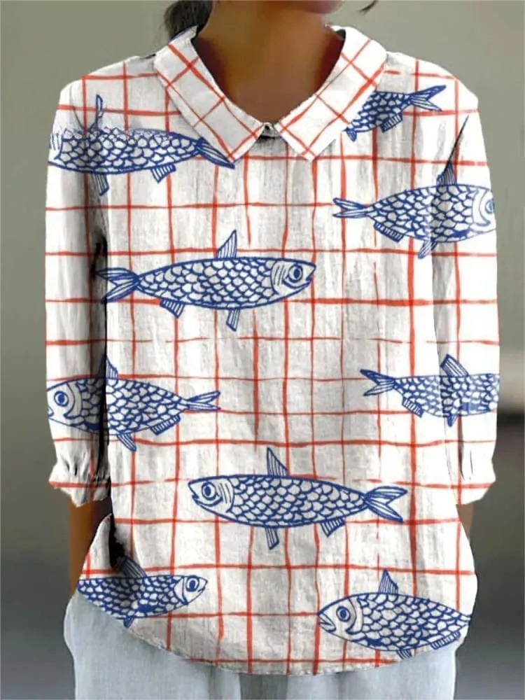 Women's Lovely Fish Pattern Art Print Casual 3/4 Sleeve Shirt