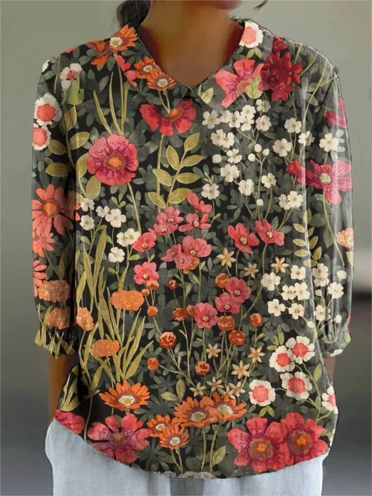 Women's Vintage Floral Art Print Casual 3/4 Sleeve Shirt