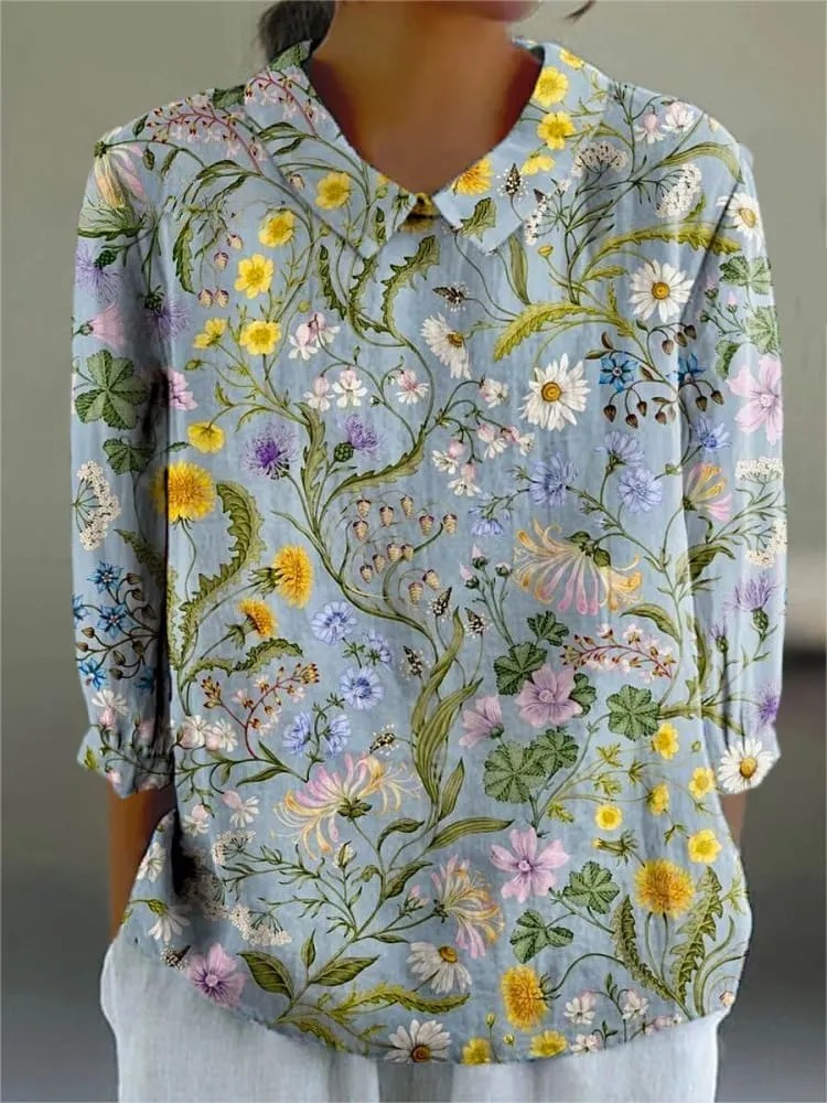 Women's Vintage Floral Art Print Casual 3/4 Sleeve Shirt