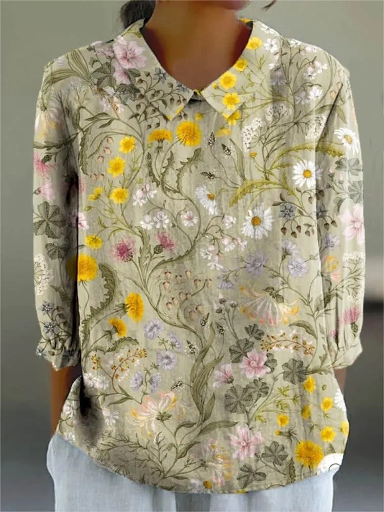 Women's Vintage Floral Art Print Casual 3/4 Sleeve Shirt