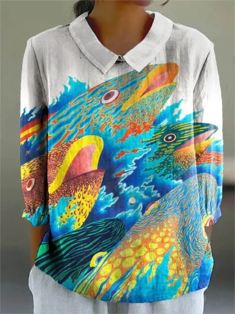 Women's Fish Art Print Casual 3/4 Sleeve Shirt