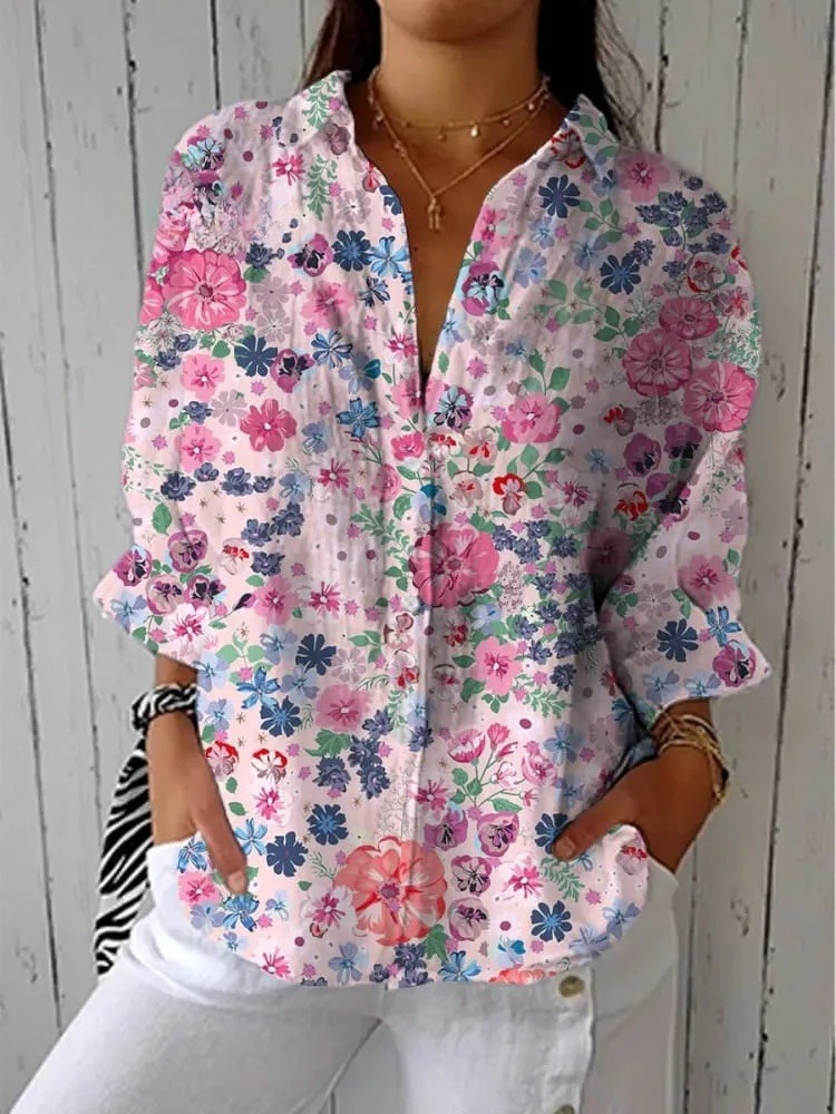Women's Vintage Floral Art Print Casual V-neck Shirt