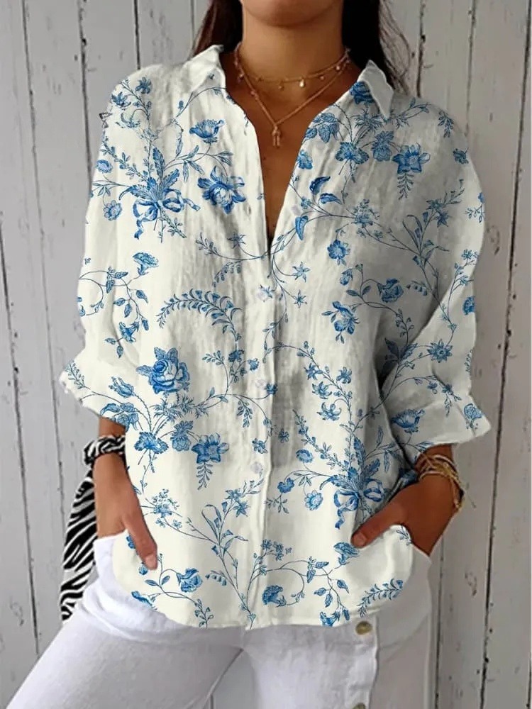 Women's Lovely Floral Art Print Casual V-neck Shirt