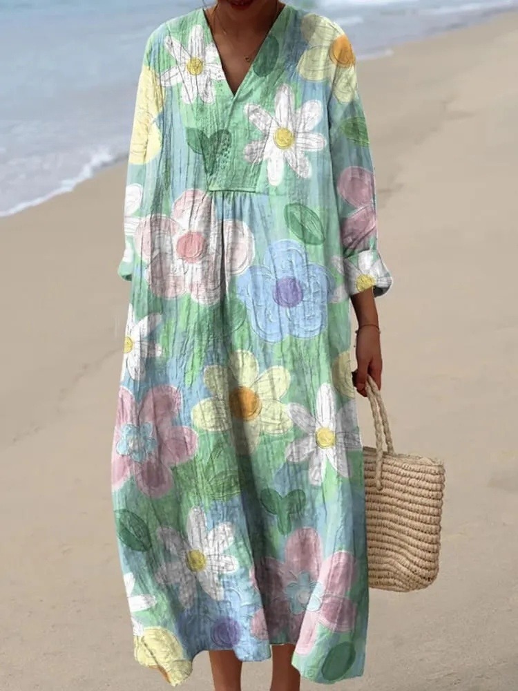 Women's Lovely Floral Art Print Cotton Dress