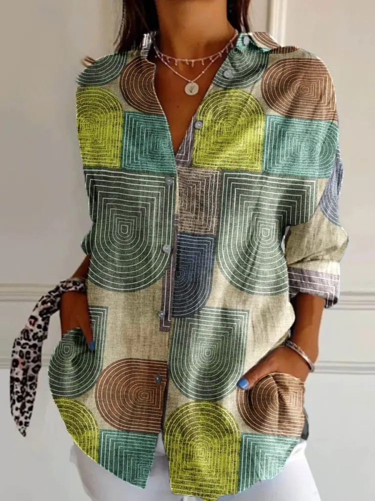 Women's Geometric Pattern Art Print Casual Cotton Shirt