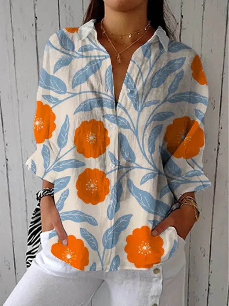 Women's Vintage Floral Art Print Casual V-neck Shirt