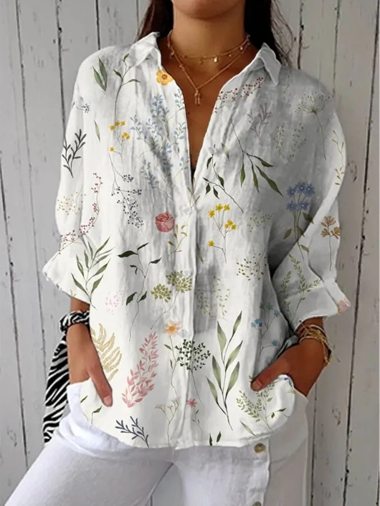 Women's Vintage Floral Art Print Casual V-neck Shirt