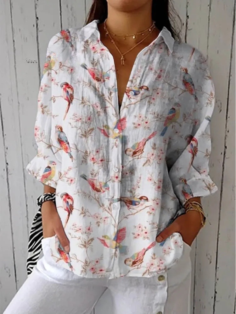 Women's Vintage Floral Birds Art Print Casual V-neck Shirt