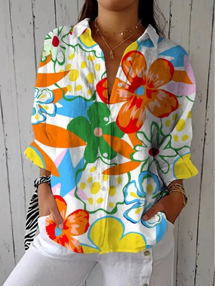 Women's Lovely Floral Art Print Casual V-neck Shirt