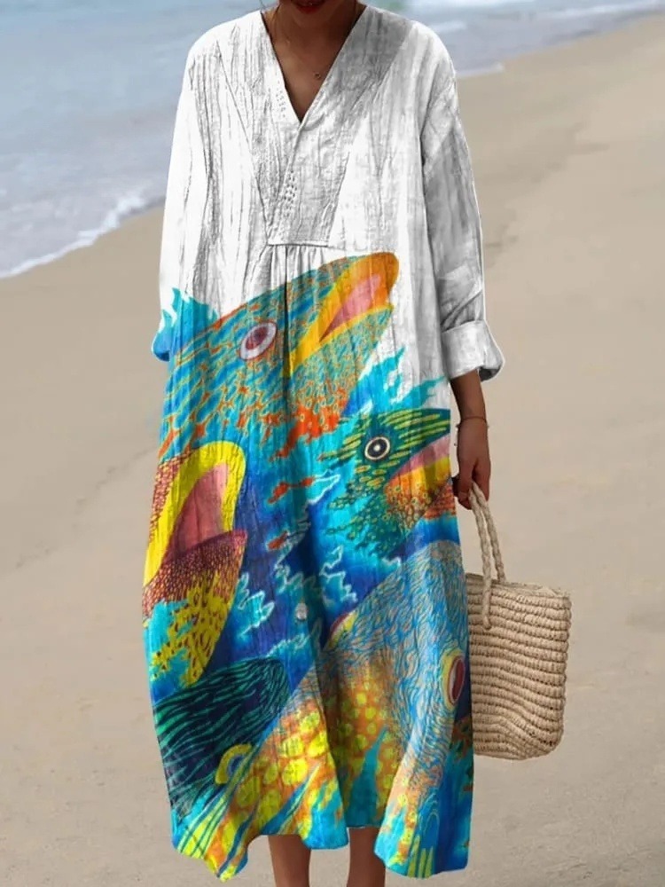 Women's Lovely Fish Art Print Cotton Dress