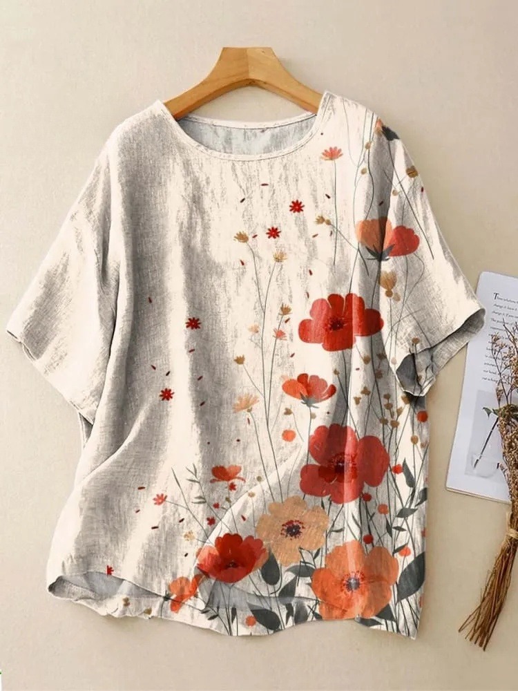 Women's Lovely Floral Art Print Casual Crew Neck Shirt