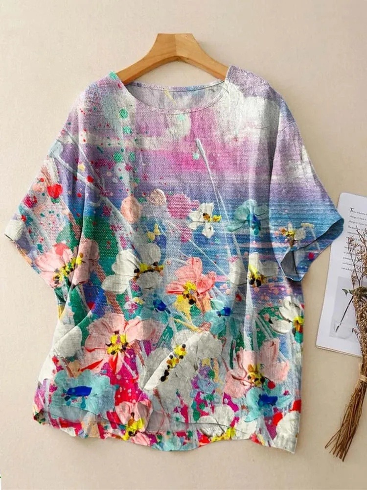 Women's Vintage Floral Art Print Casual Crew Neck Shirt
