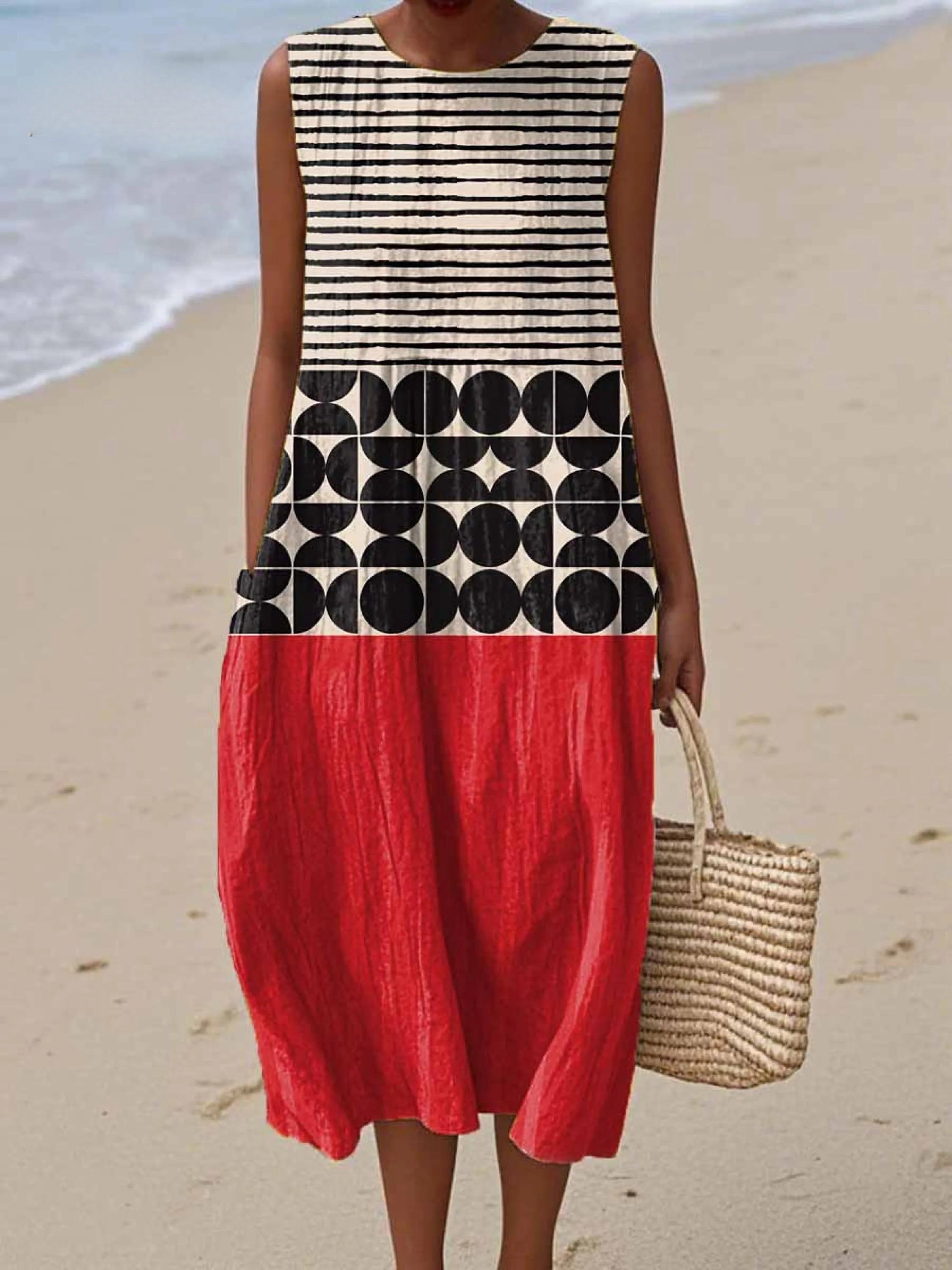 Women's Abstract Geometric Pattern Art Print Sleeveless Cotton Pocket Wrap Dress