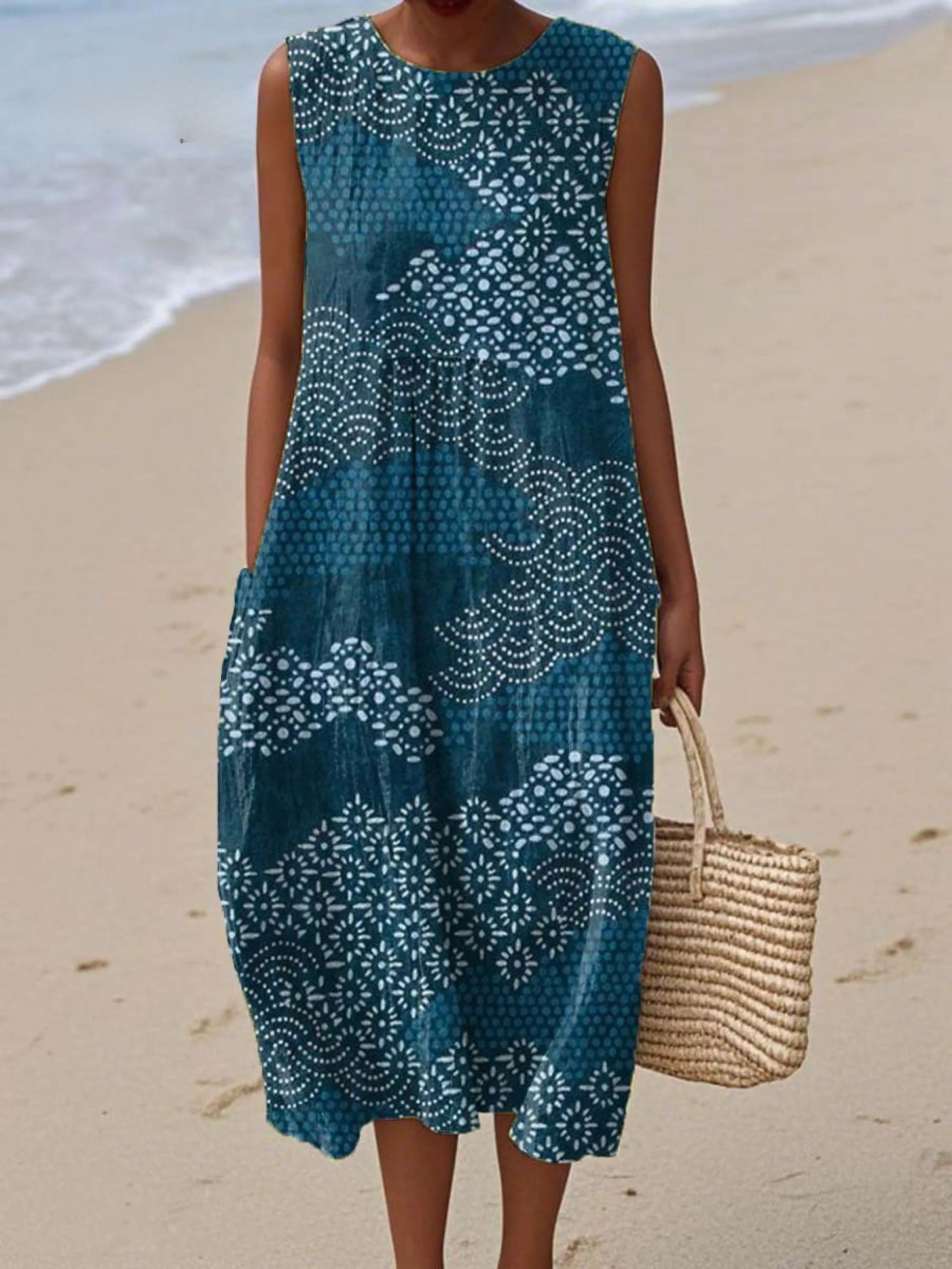 Women's Vintage Ethnic Pattern Art Print Sleeveless Cotton Pocket Wrap Dress