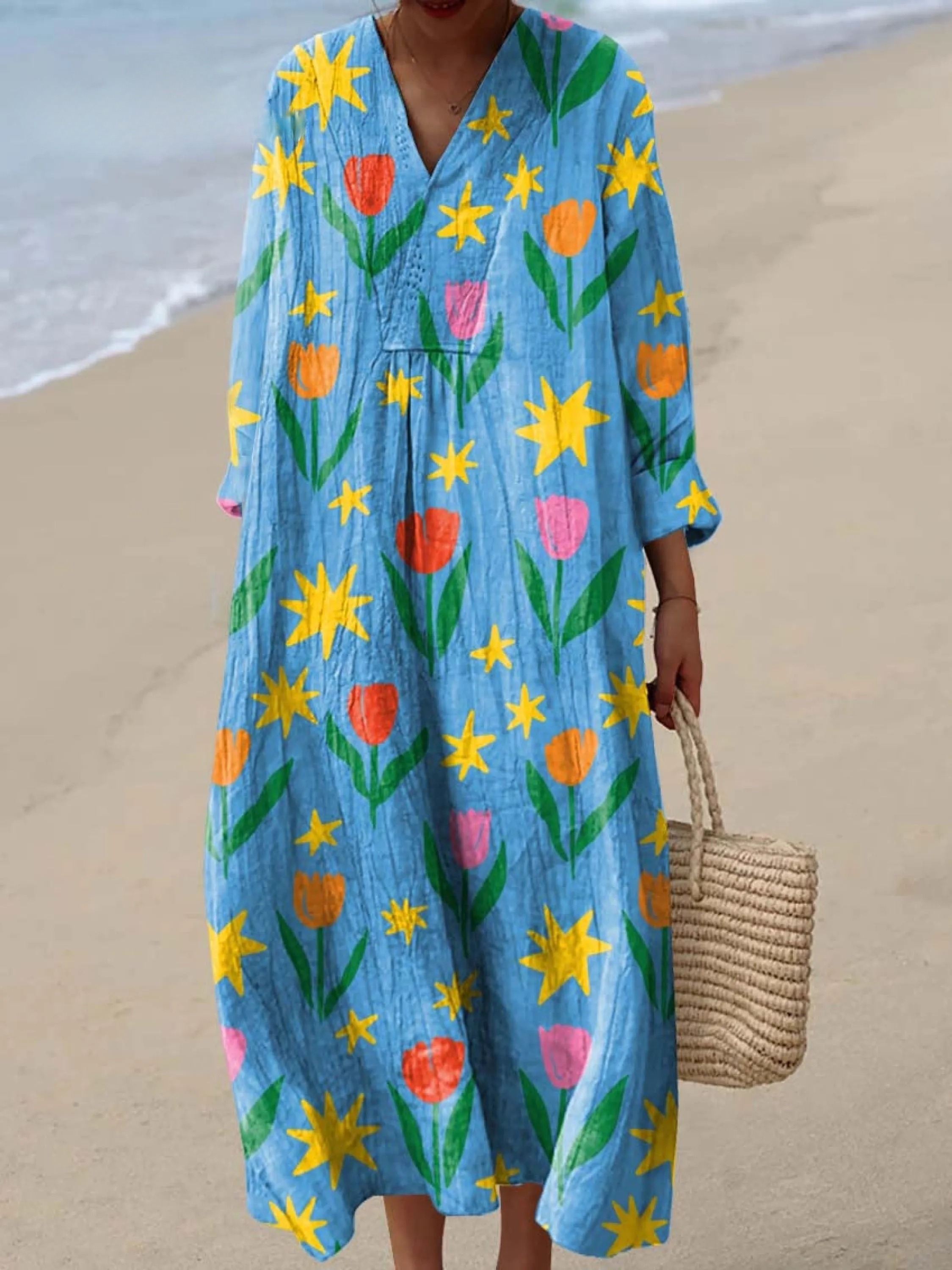 Women's Lovely Floral Pattern Art Print Cotton Dress