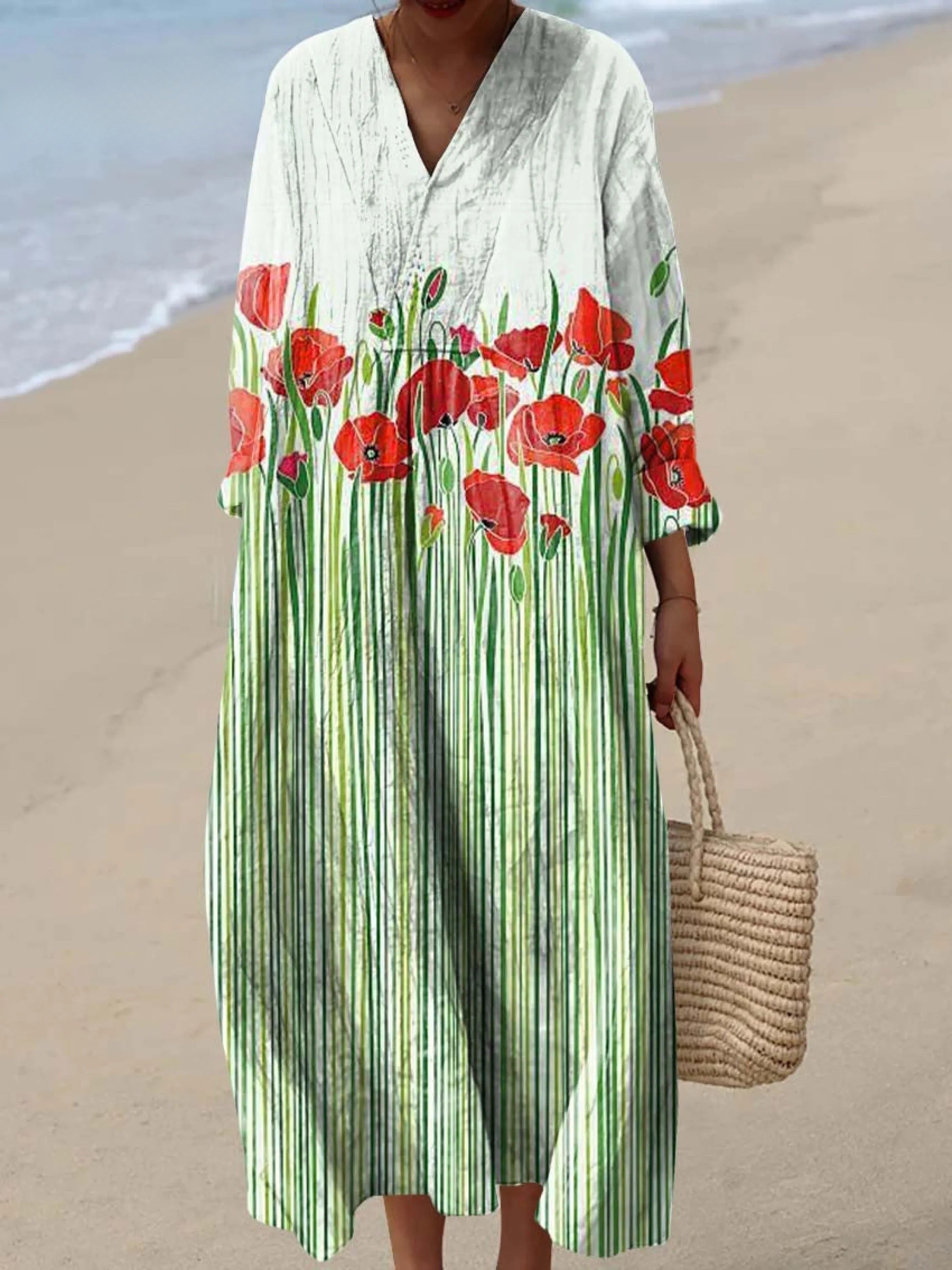 Women's Lovely Floral Pattern Art Print Cotton Dress