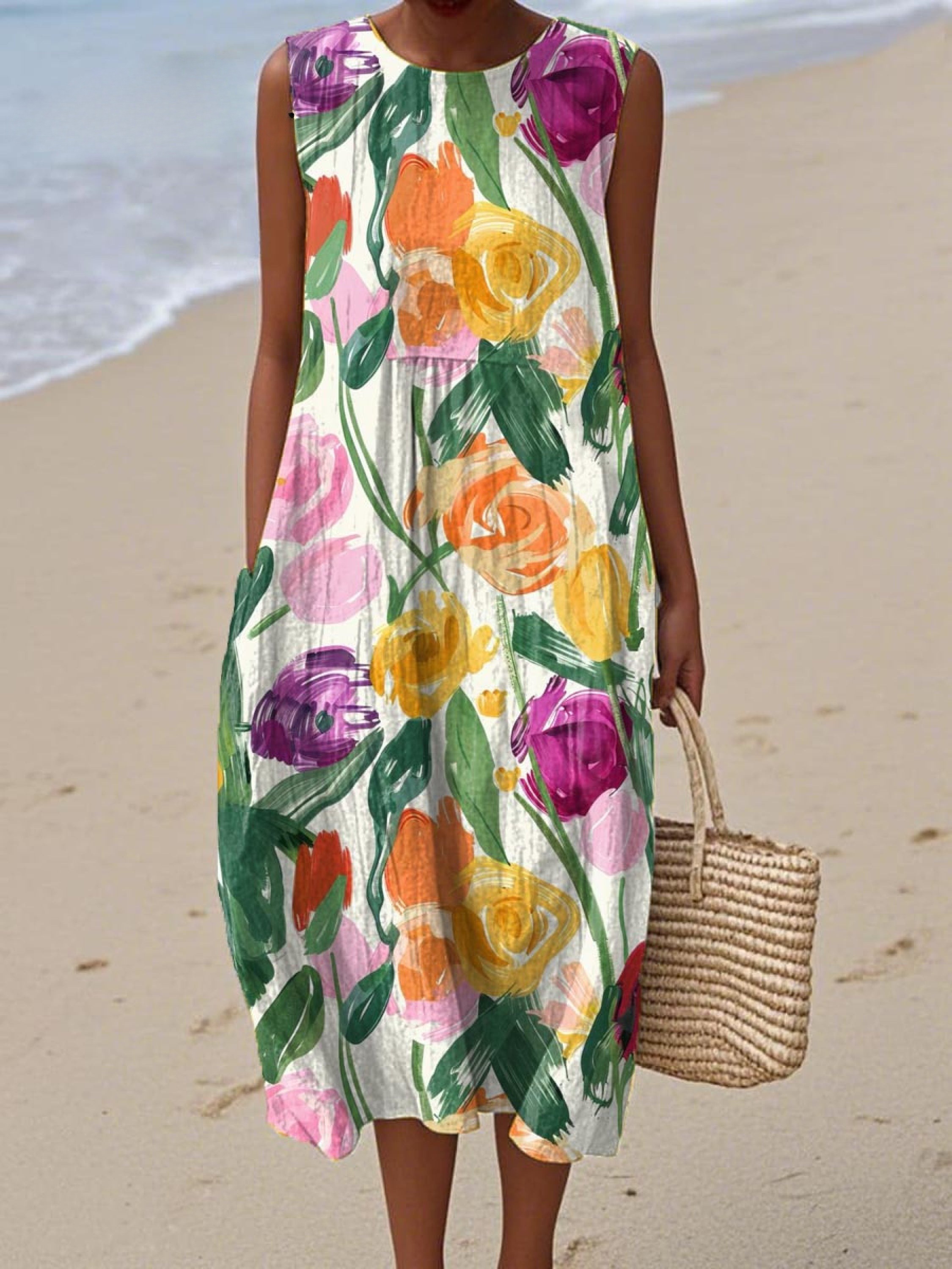 Women's Lovely Floral Art Print Sleeveless Cotton Pocket Wrap Dress