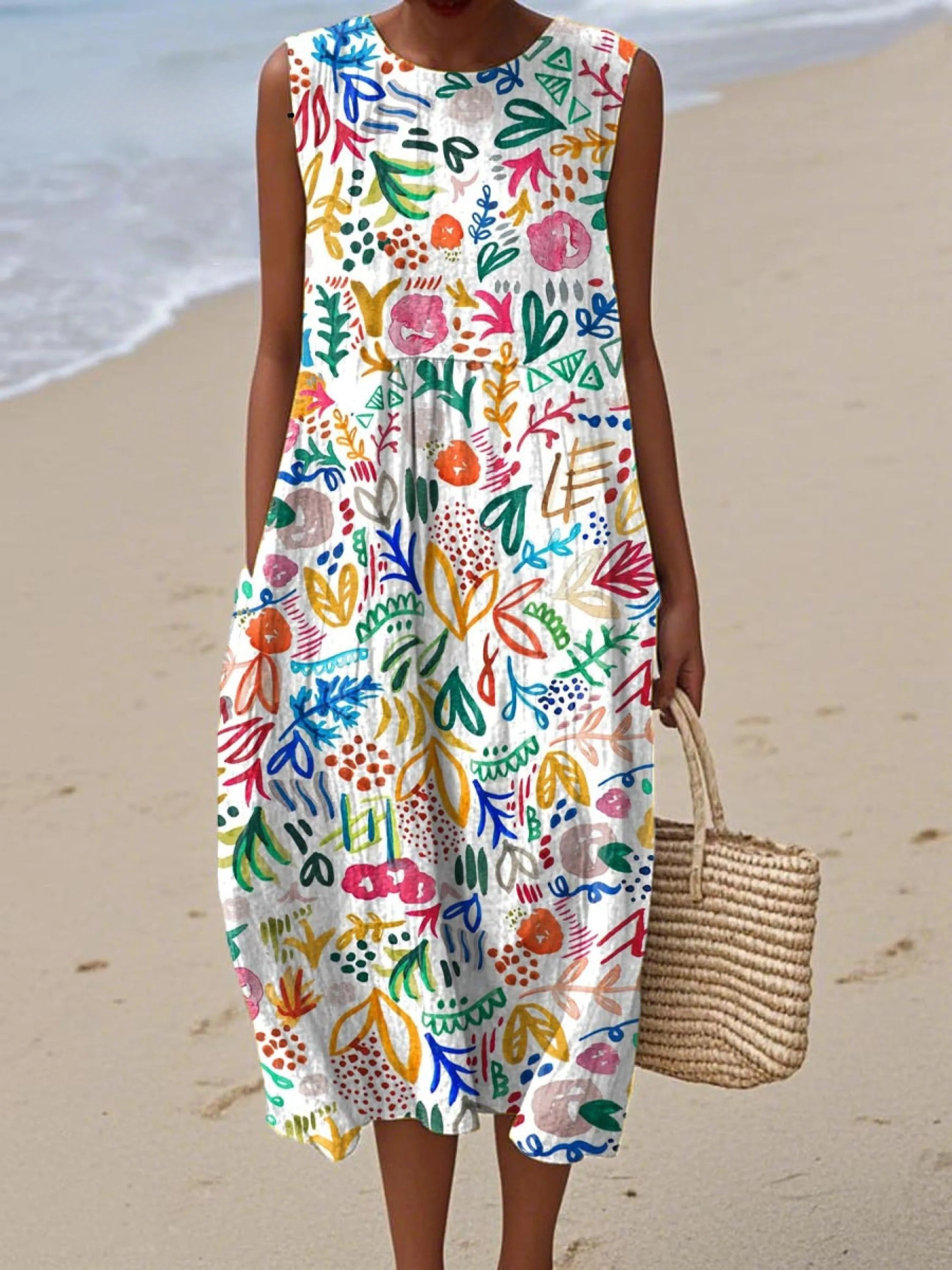 Women's Lovely Floral Art Print Sleeveless Cotton Pocket Wrap Dress