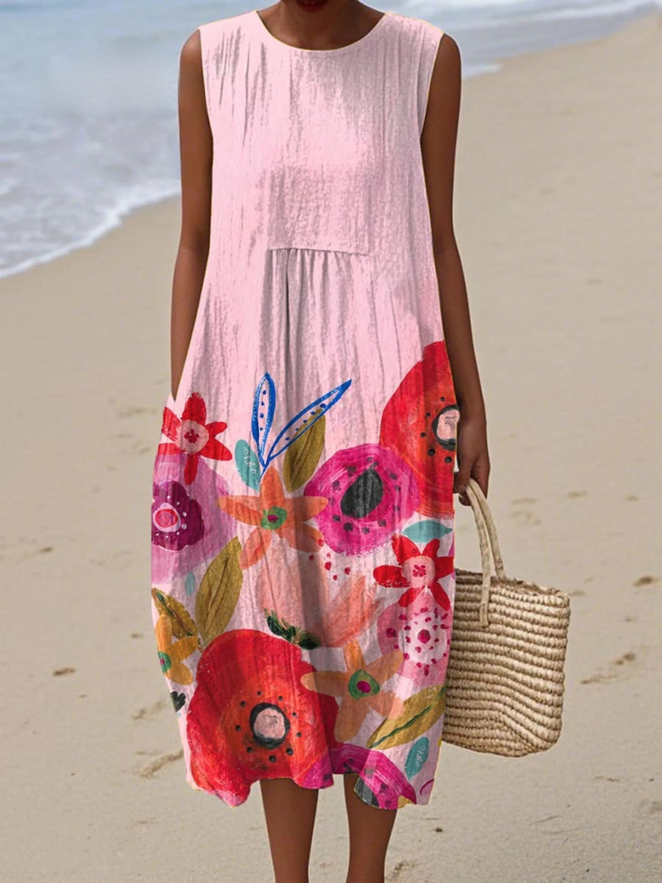 Women's Lovely Floral Art Print Sleeveless Cotton Pocket Wrap Dress