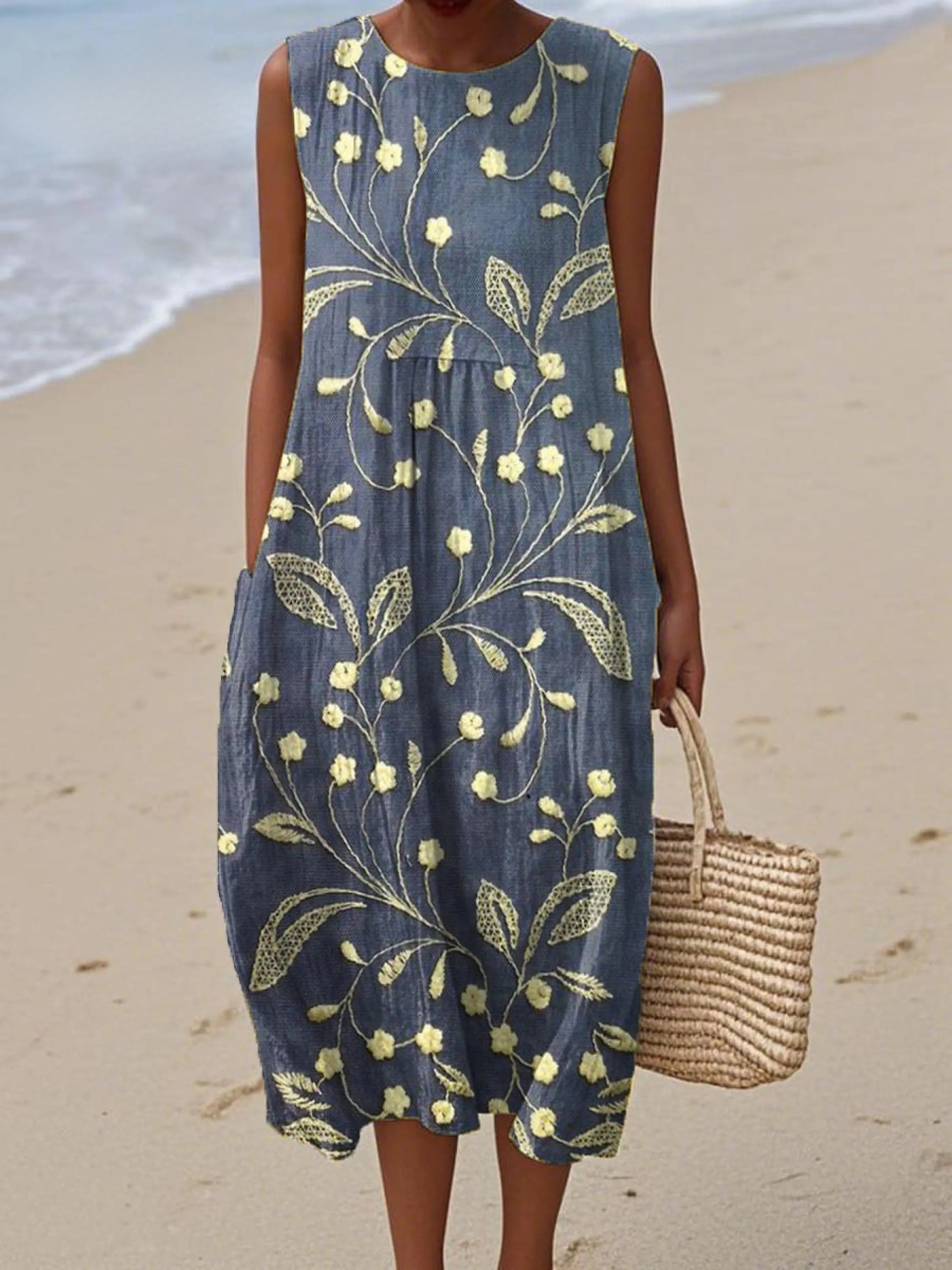 Women's Vintage Floral Pattern Art Print Sleeveless Cotton Pocket Wrap Dress