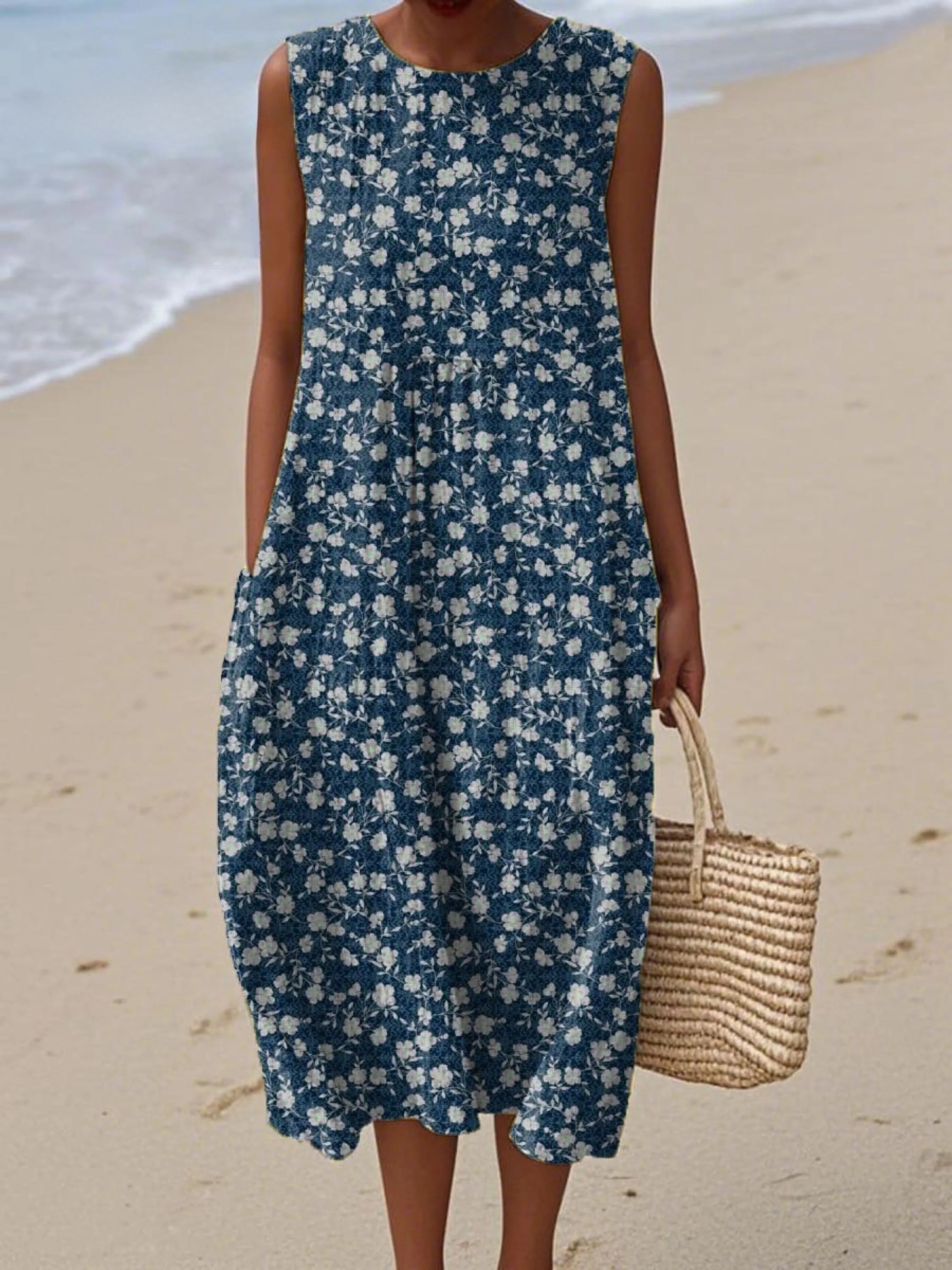 Women's Vintage Floral Pattern Art Print Sleeveless Cotton Pocket Wrap Dress