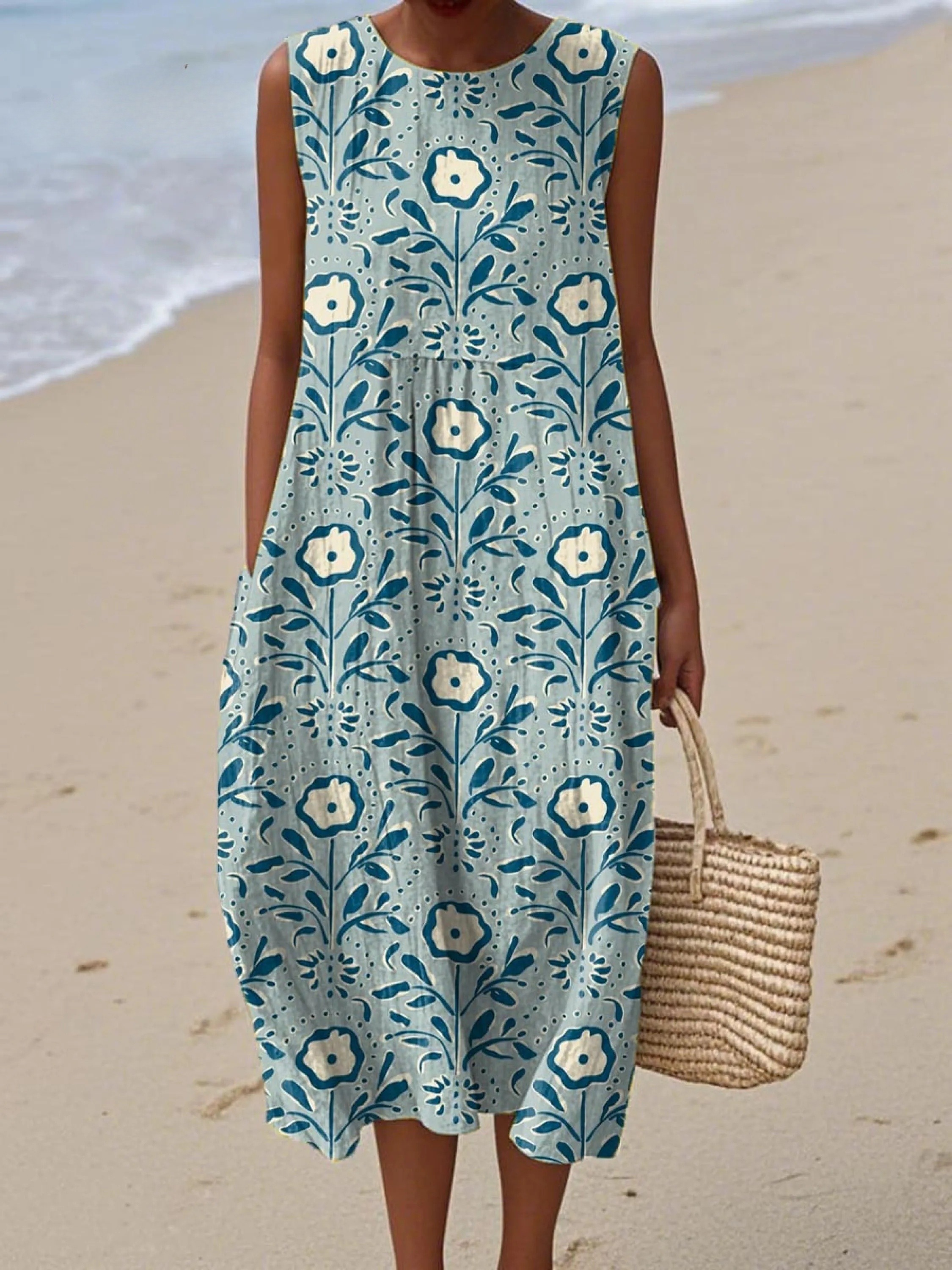 Women's Vintage Floral Pattern Art Print Sleeveless Cotton Pocket Wrap Dress