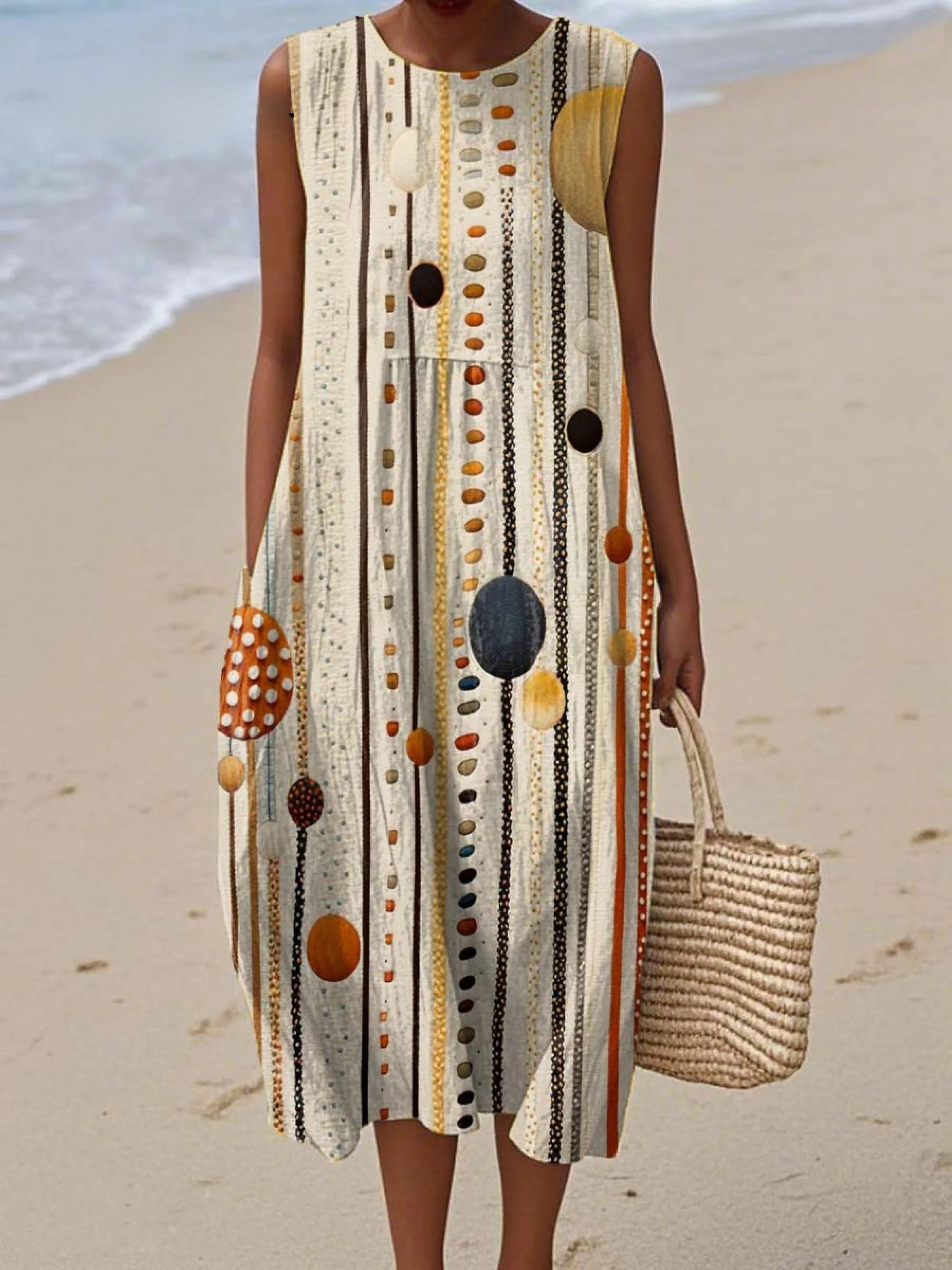 Women's Abstract Geometric Pattern Art Print Sleeveless Cotton Pocket Wrap Dress