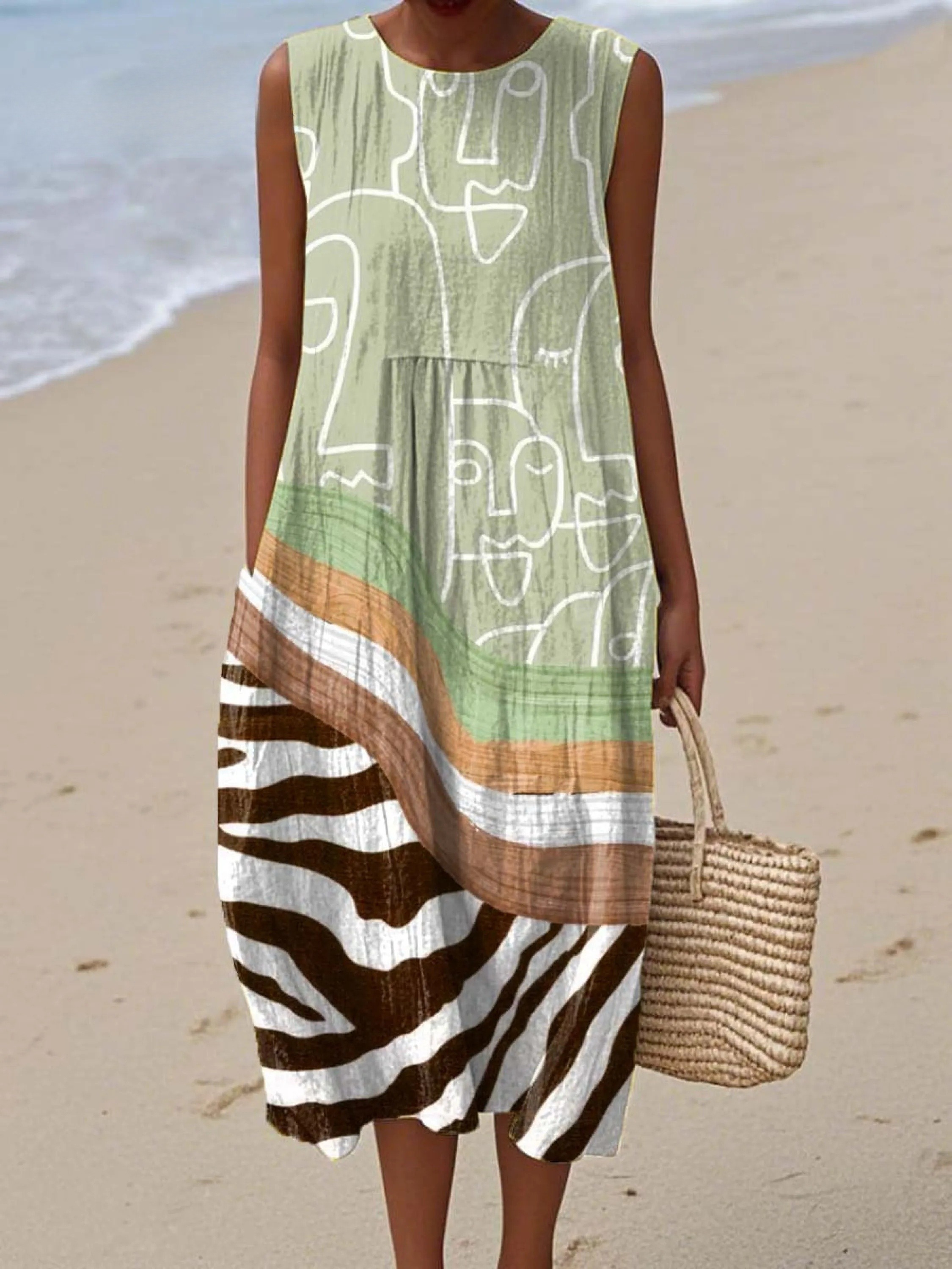 Women's Abstract Pattern Art Print Sleeveless Cotton Pocket Wrap Dress