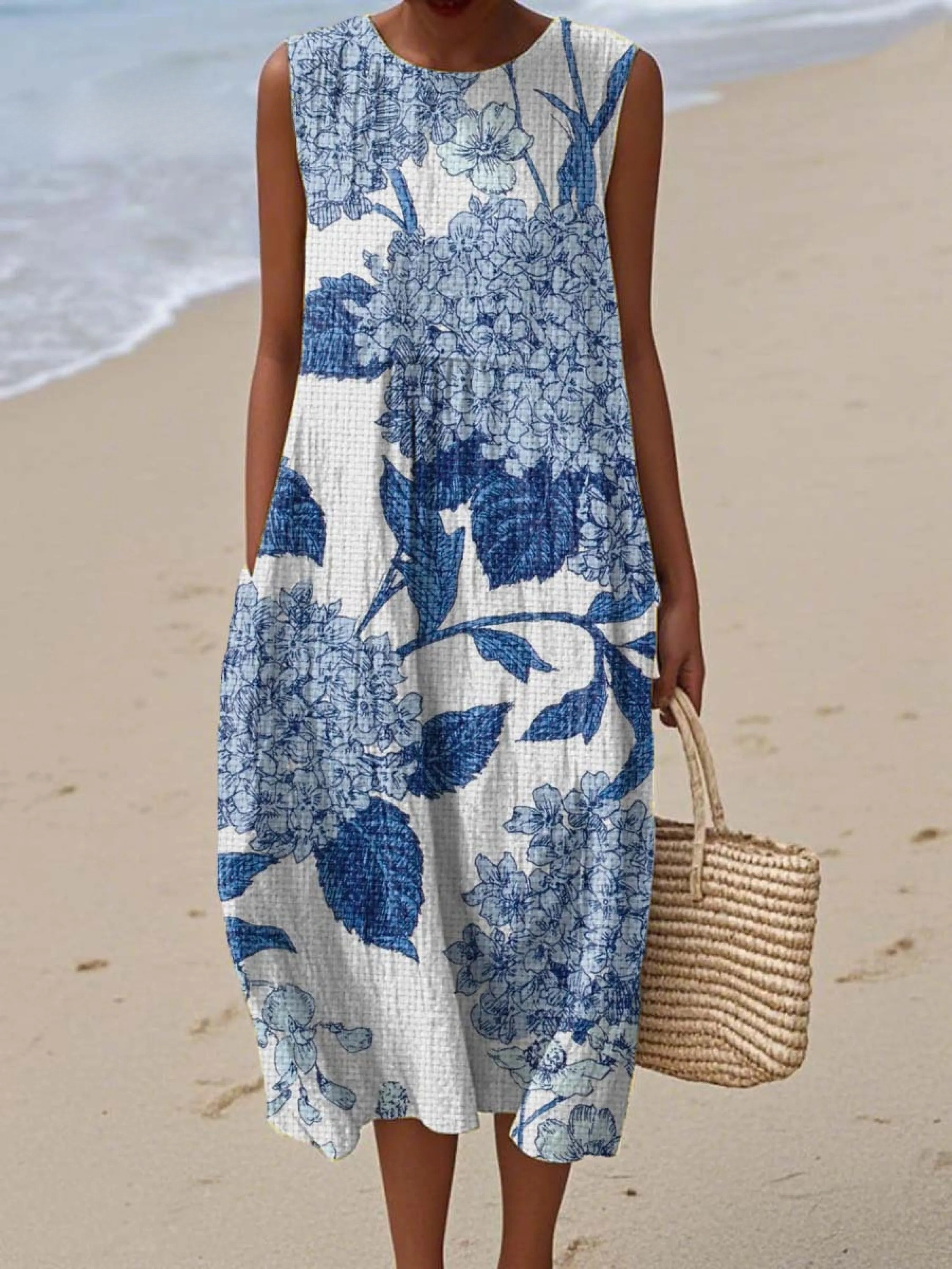 Women's Vintage Floral Art Print Sleeveless Cotton Pocket Wrap Dress