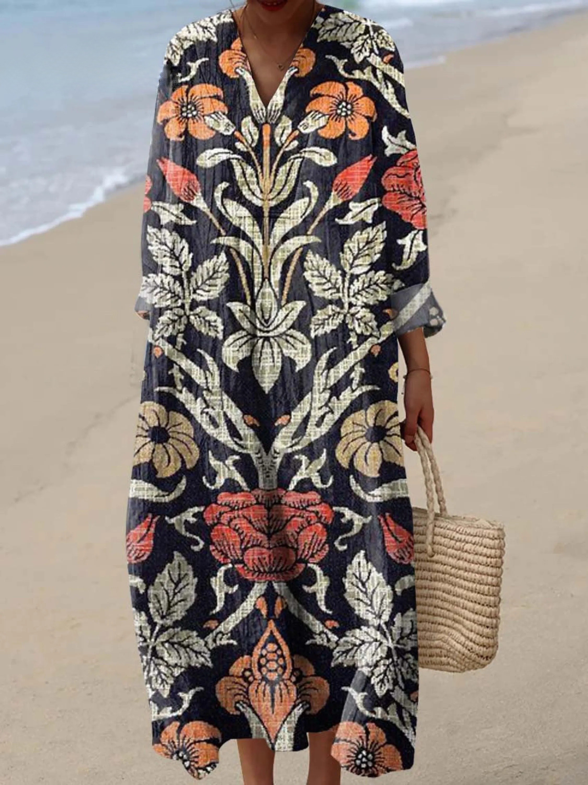 Women's Vintage Ethnic Floral Pattern Art Print Cotton Dress