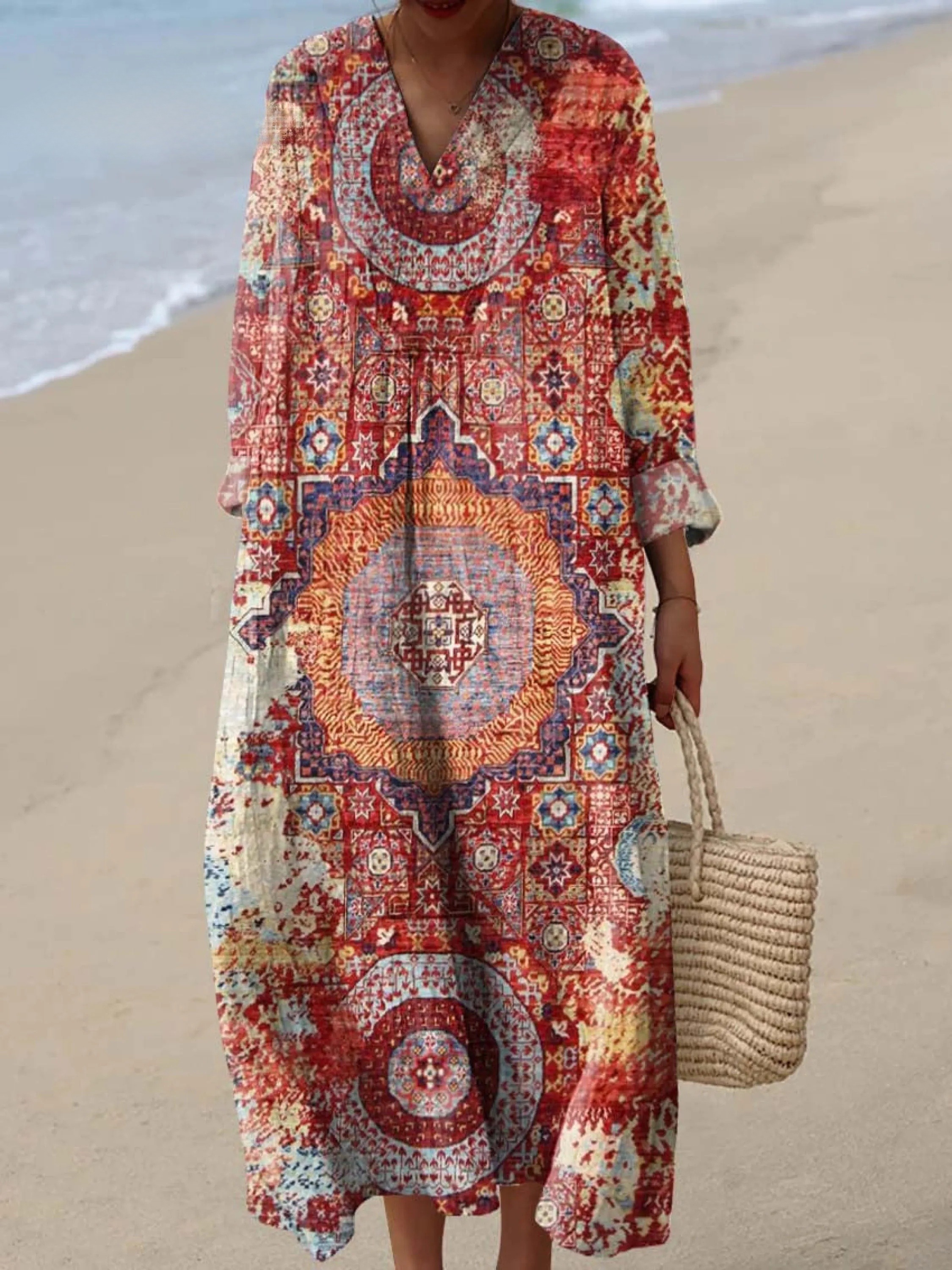 Women's Vintage Ethnic Floral Pattern Art Print Cotton Dress