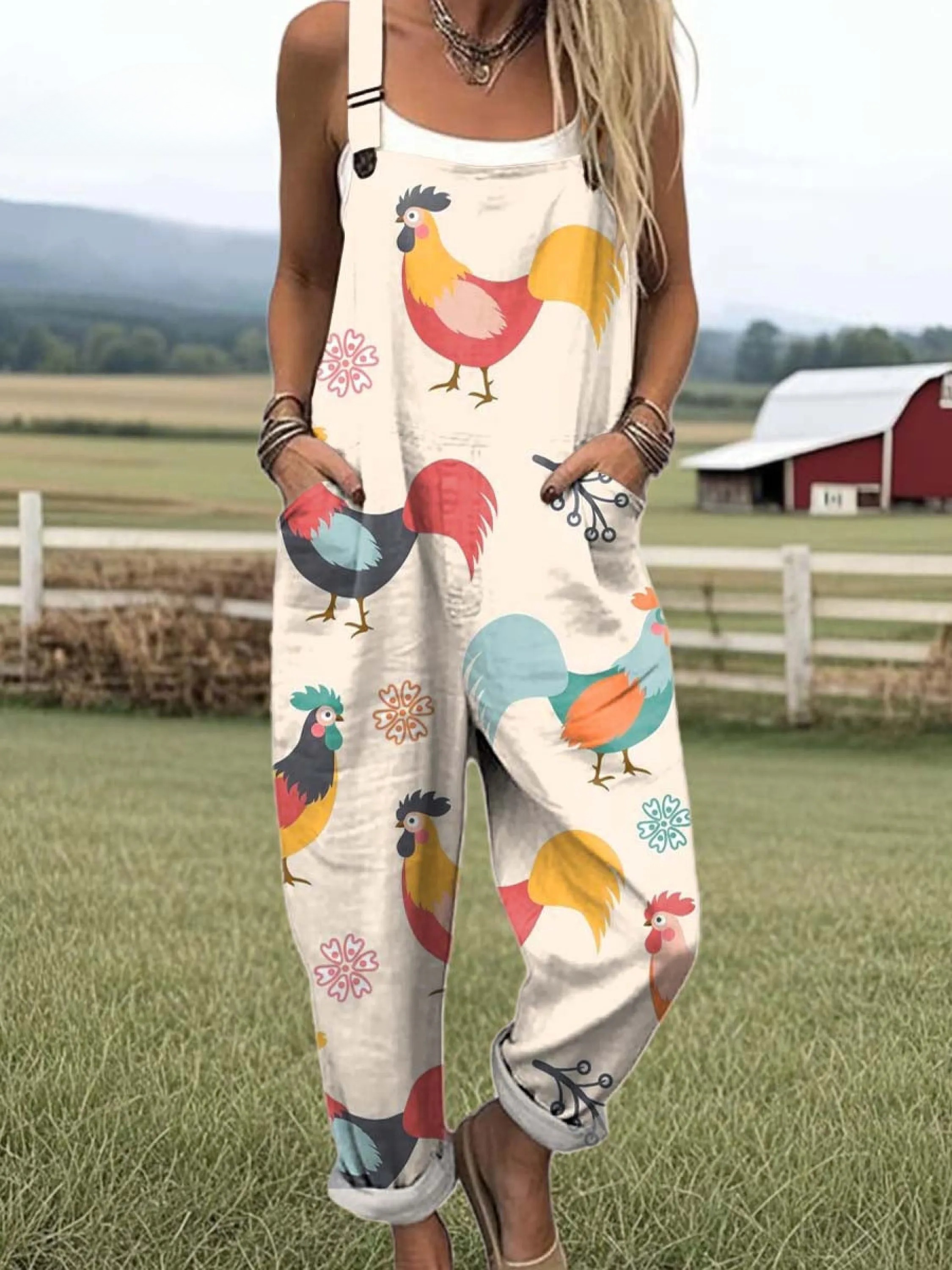 Women's Lovely Chicken Art Print Casual Cotton Wide Leg Jumpsuit