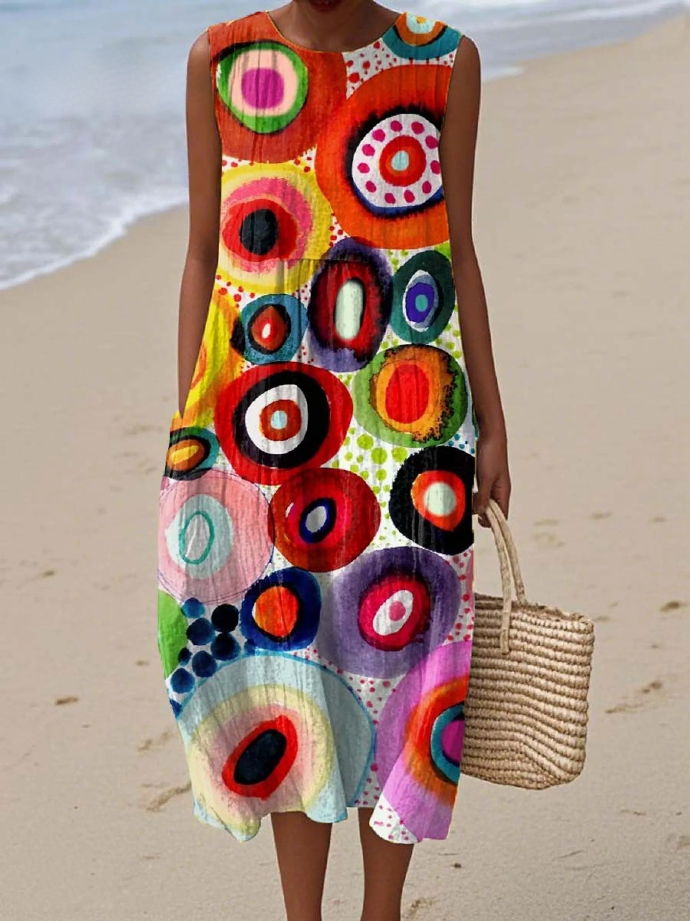 Women's Abstract Circle Pattern Art Print Sleeveless Cotton Pocket Wrap Dress