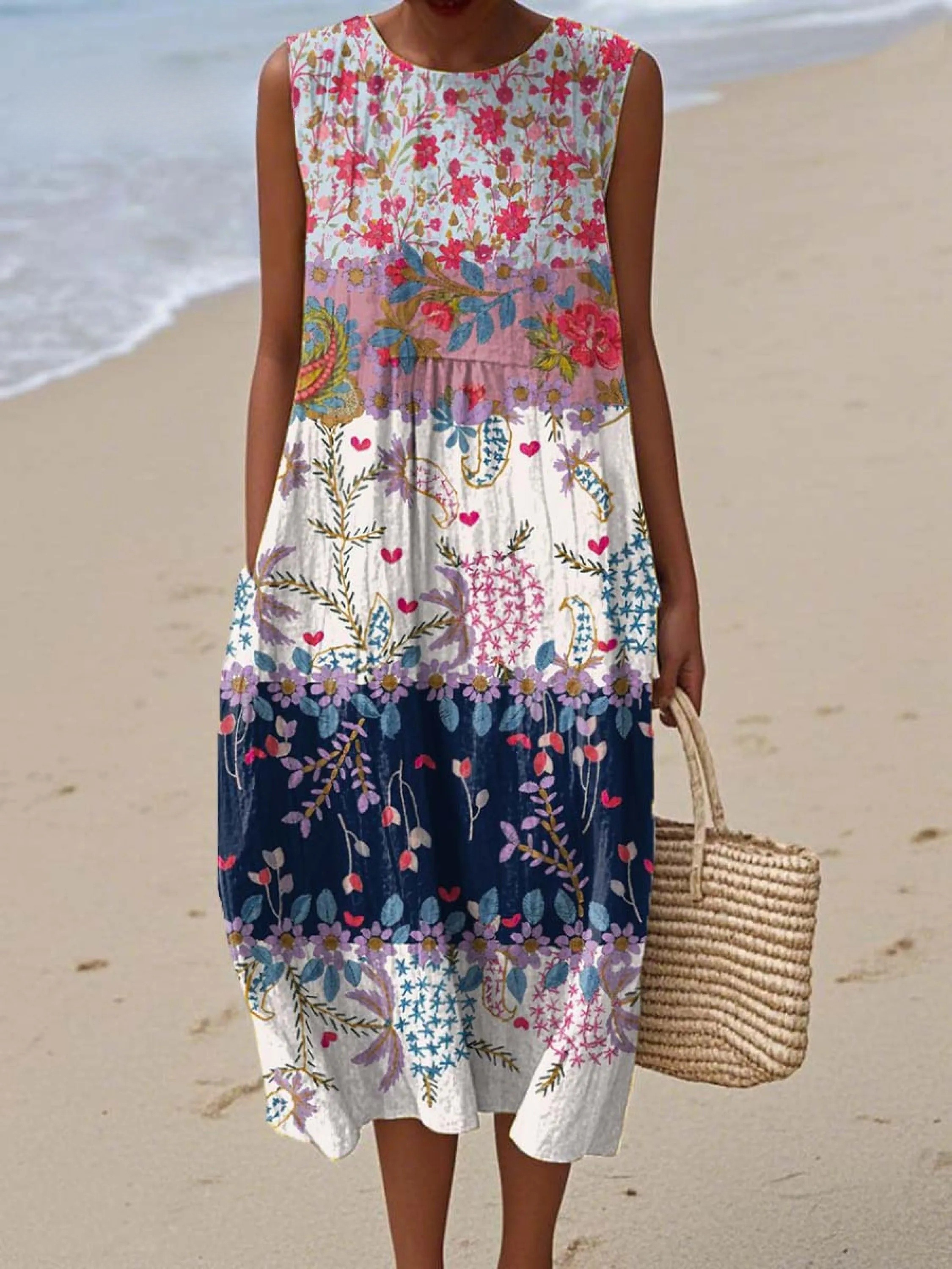 Women's Lovely Floral Art Print Sleeveless Cotton Pocket Wrap Dress